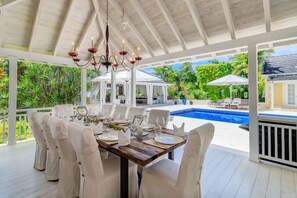 An outdoor dining area with a wooden table set for six, surrounded by white chairs, under a white gazebo with a pool in the background.