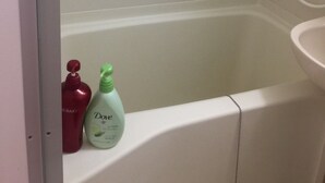 Un baño con una bañera, un lavamanos blanco y dos botellas de artículos de tocador sobre el borde de la bañera.