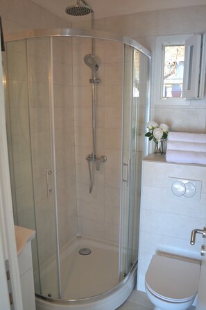 Dusche, Haartrockner, Handtücher, Shampoo