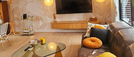 Smart-tv, een open haard, een dvd-speler en een filmbibliotheek