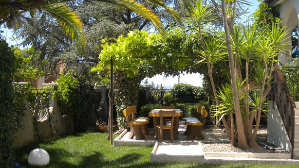 Área de pátio com mesa e cadeiras, cercada por vegetação exuberante e palmeiras.
