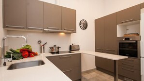 A modern kitchen with a stainless steel sink, a stove, and a Bosch oven. - Large two bedroom apartment (Barcelona)