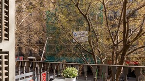 A balcony with a potted plant, a railing, and a view of a street with parked cars and buildings. - Deluxe two bedrooms apartment (Barcelona)