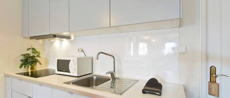 Fridge, microwave, stovetop, coffee/tea maker