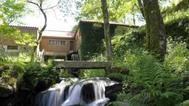 Une cascade au sein d’un environnement luxuriant et verdoyant, avec un bâtiment en arrière-plan.