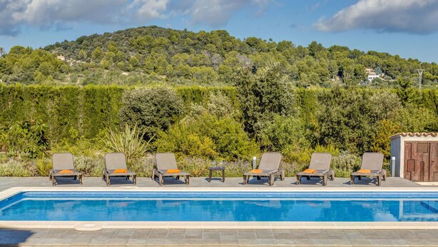 Une piscine avec six chaises longues, un petit abri en bois et une colline en arrière-plan, parsemée d’arbres et bordée de bâtiments.