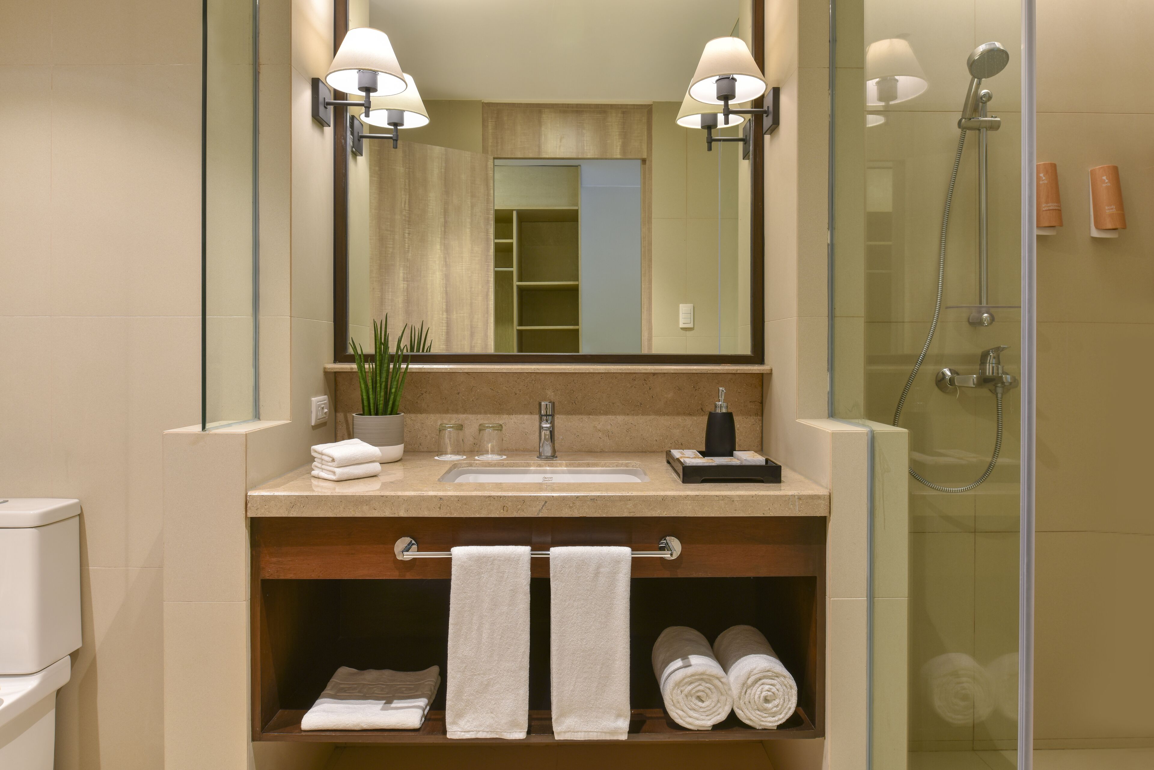 free toiletries, bathrobes, slippers, towels