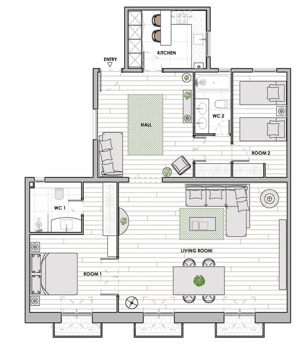 A floor plan of a house with a kitchen, two bathrooms, a living room, two bedrooms, and a hall. - Two bedroom apartment (Barcelona)