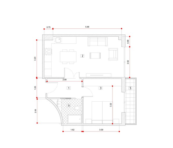 A floor plan with a kitchen, dining area, and a bathroom.