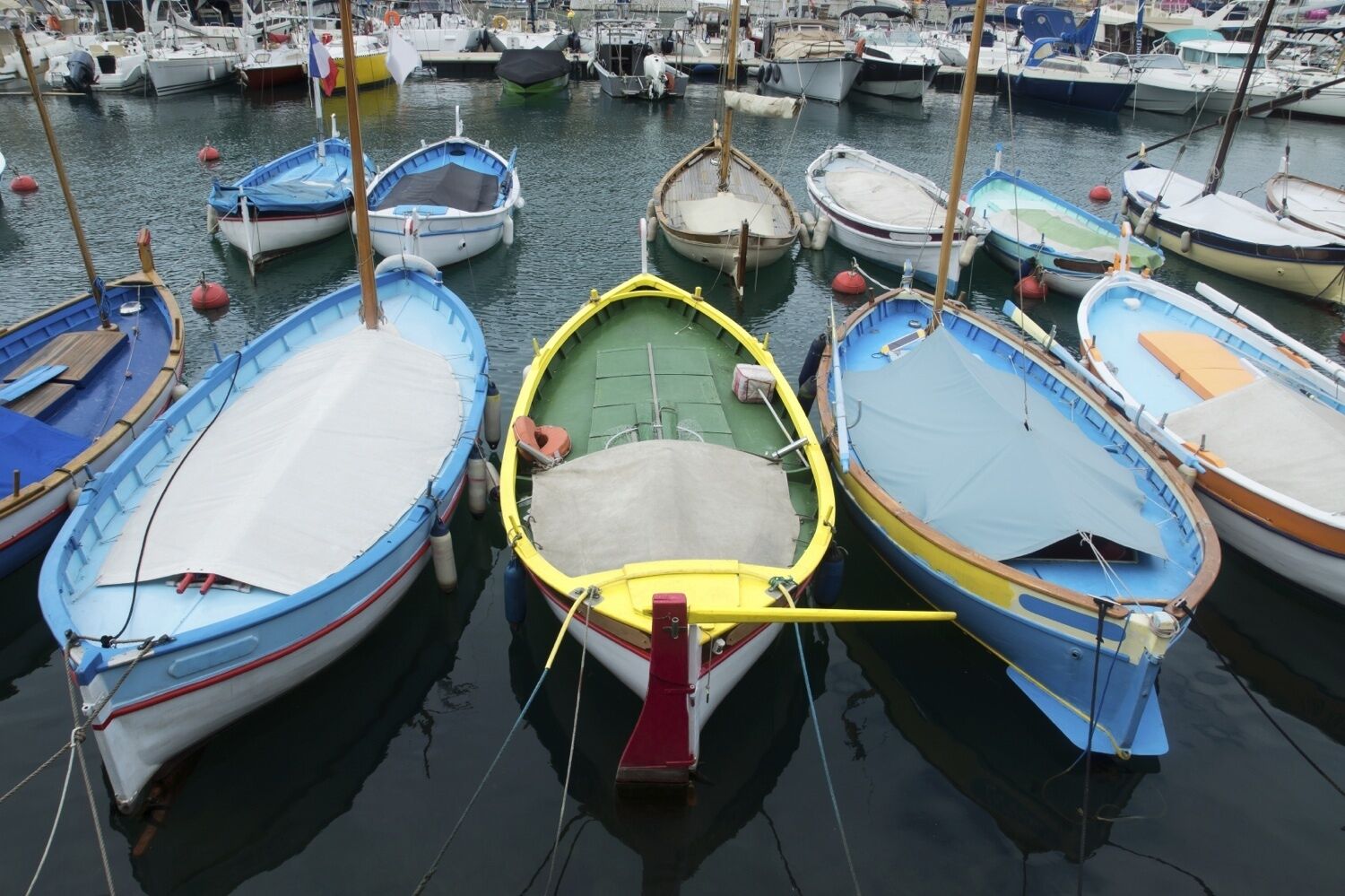 A marina with several small boats docked.