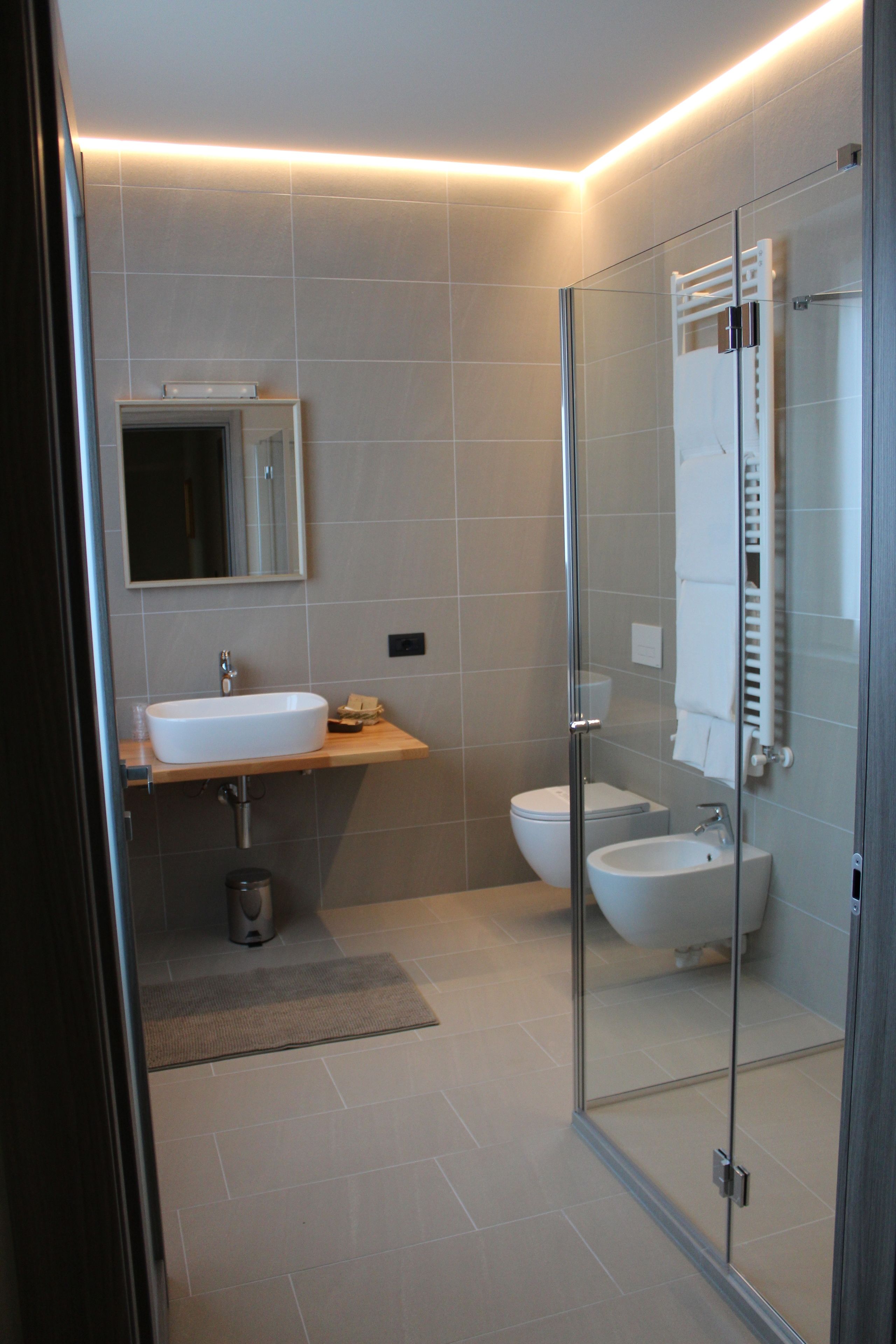 A modern bathroom with a glass shower enclosure, a white sink, and a toilet.
