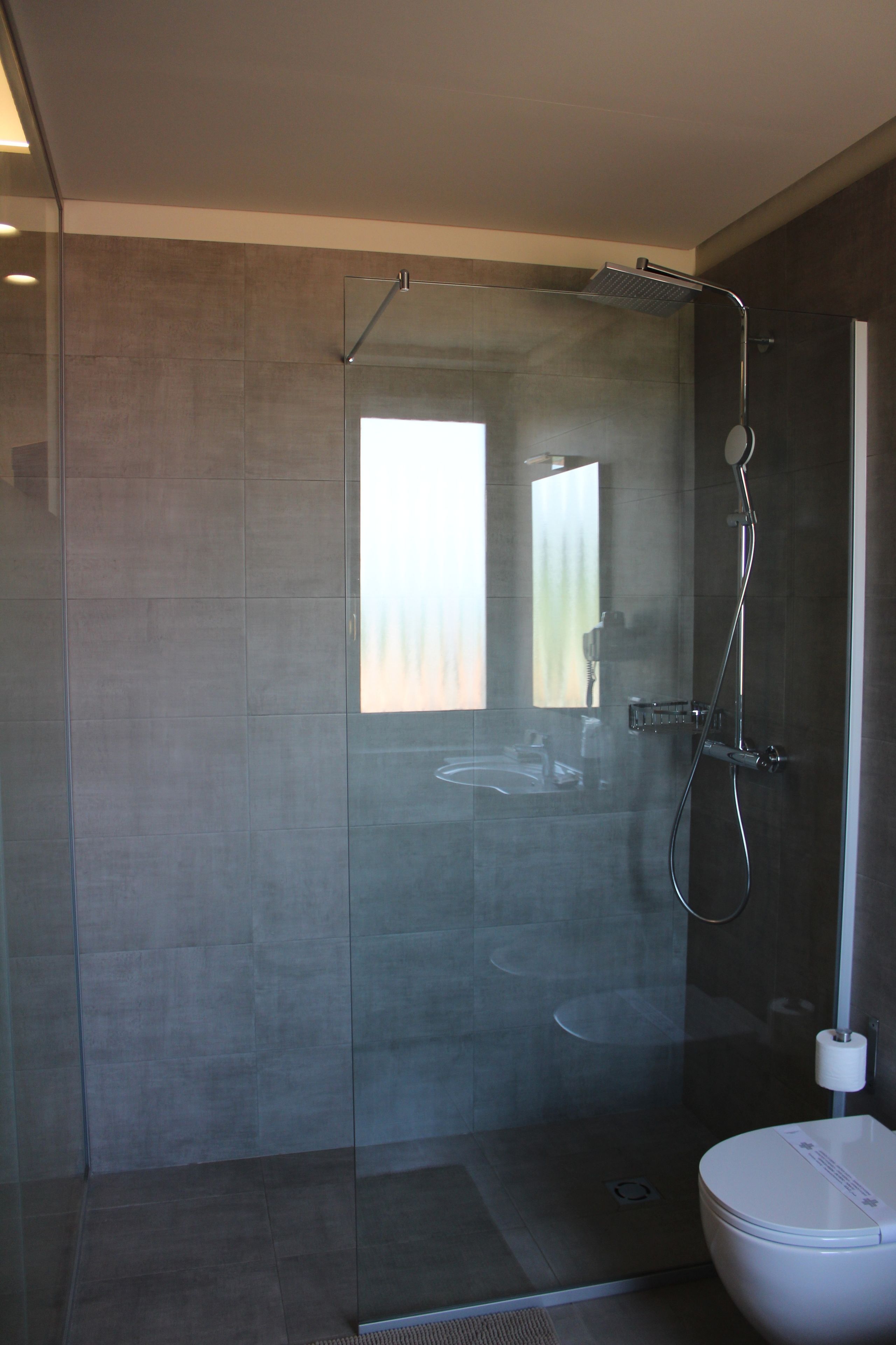 A modern bathroom with a glass-enclosed shower, a toilet, and a visible sink.