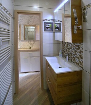 Shower, hair dryer, towels, soap