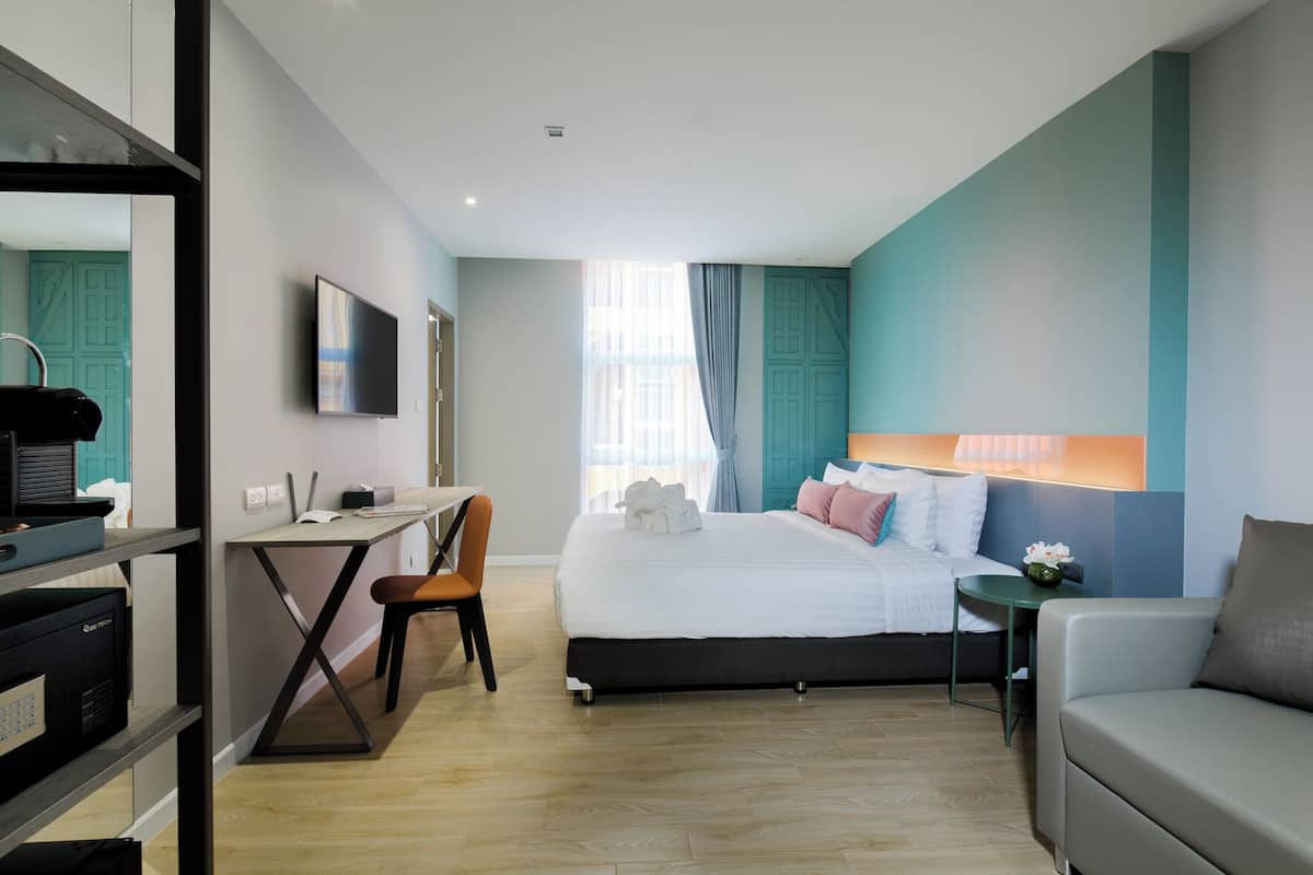 In-room safe, desk, laptop workspace, blackout curtains