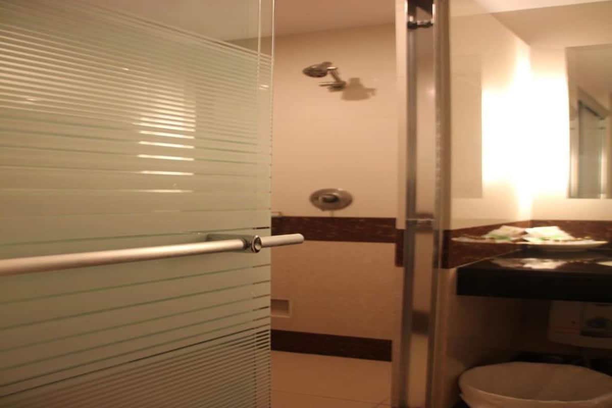 A bathroom with a glass shower enclosure, a toilet, and a sink with a mirror above it.