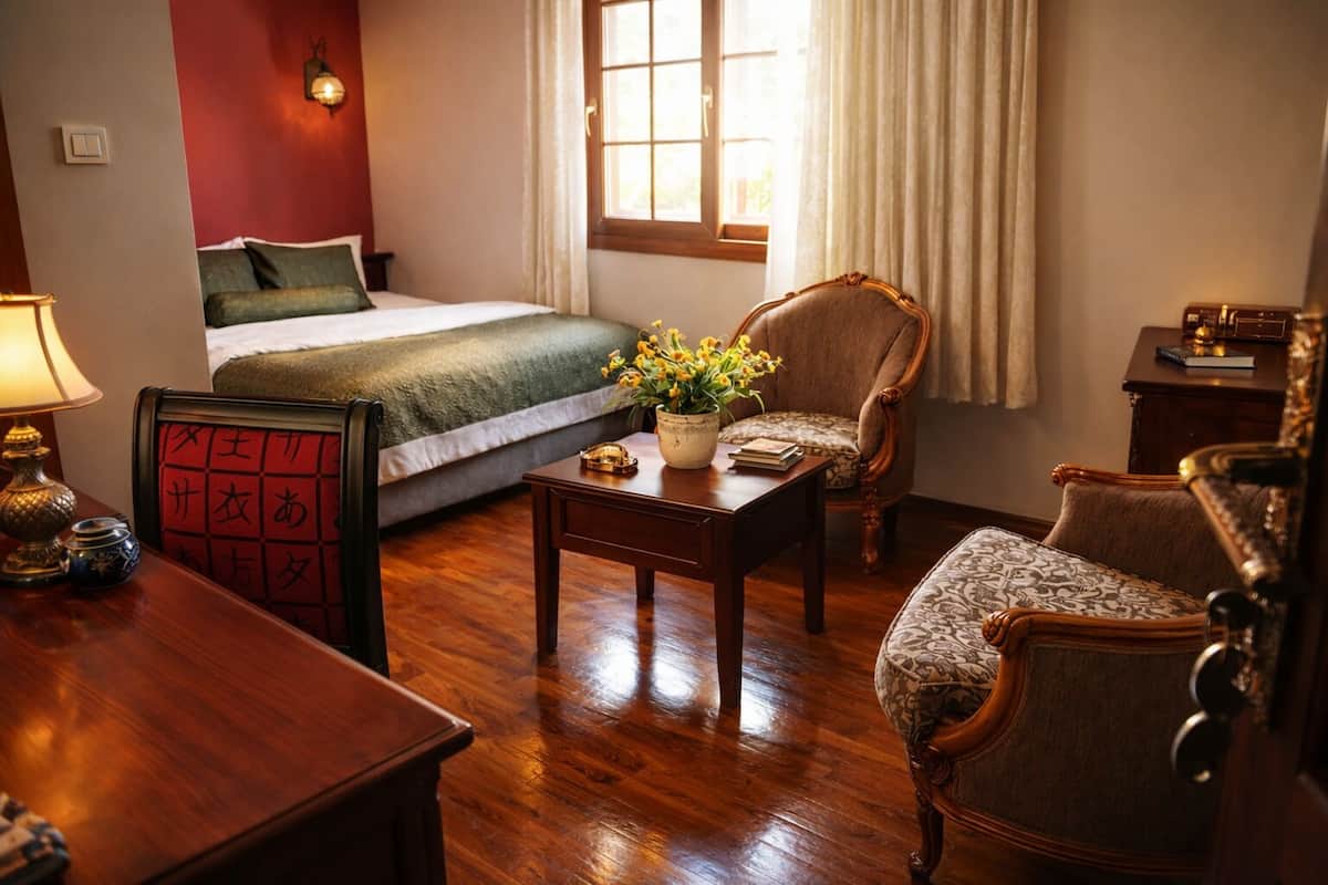A hotel room with a bed, a desk, a chair, a lamp, and a window with curtains.