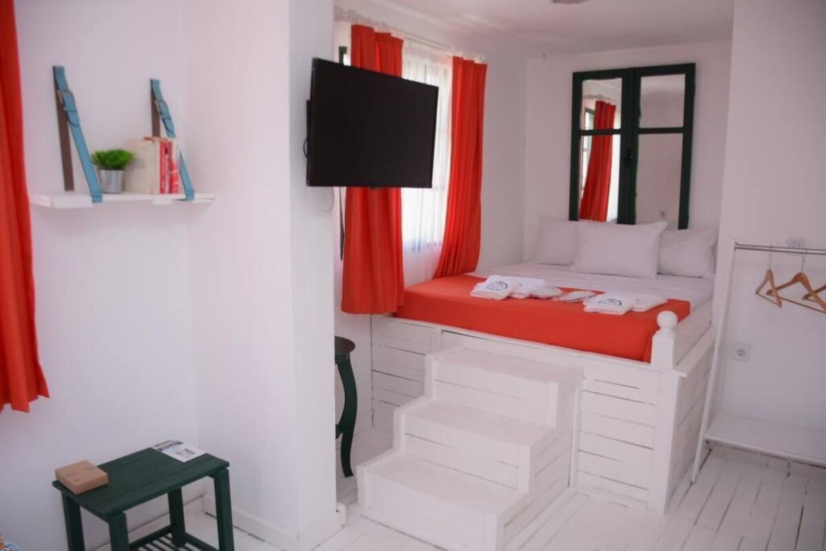 A bedroom with a bed, a TV, a shelf with books and a plant, and a window with curtains.
