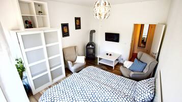A bedroom with a bed, a sofa, a TV, a fireplace, and a wardrobe.