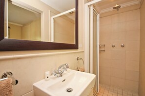 A bathroom with a white sink, a large mirror, and a shower area. - Vilaroux (Stellenbosch)