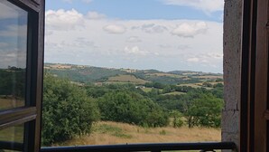 A view from a window with a wrought iron balcony railing, overlooking a green landscape with hills and a partly cloudy sky. - Gîtes et Chambres d'Hôtes Peyrecout Tarn (Laparrouquial)