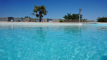 Seasonal outdoor pool, open 10:00 AM to 7:30 PM, pool umbrellas