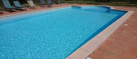 A rectangular swimming pool with clear blue water, surrounded by a tiled deck and a wooden fence.
