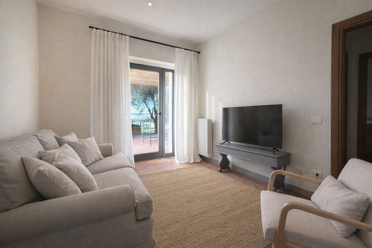A modern living room with a sofa, a TV, and a view through a glass door.