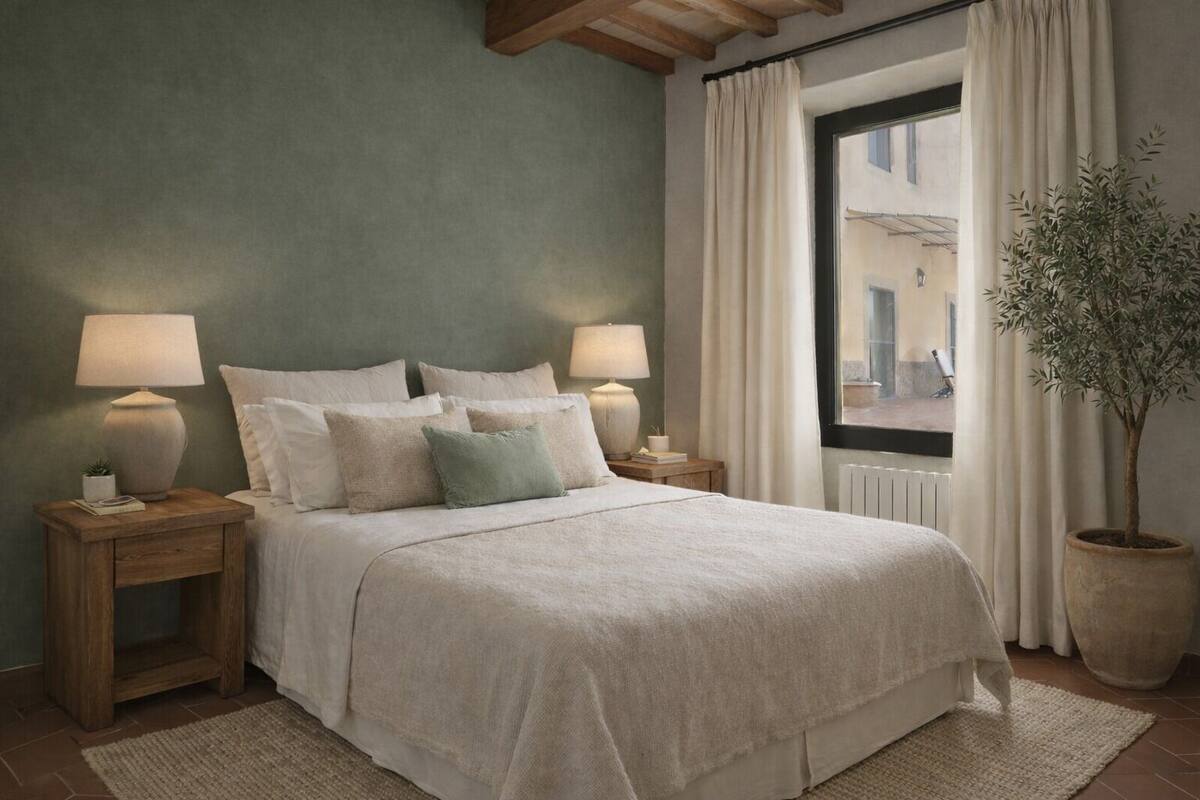 A bedroom with a bed, two bedside tables with lamps, a window with curtains, and a potted plant.