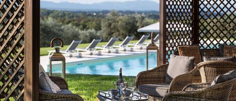 Seasonal outdoor pool, open 8 AM to 8 PM, pool loungers
