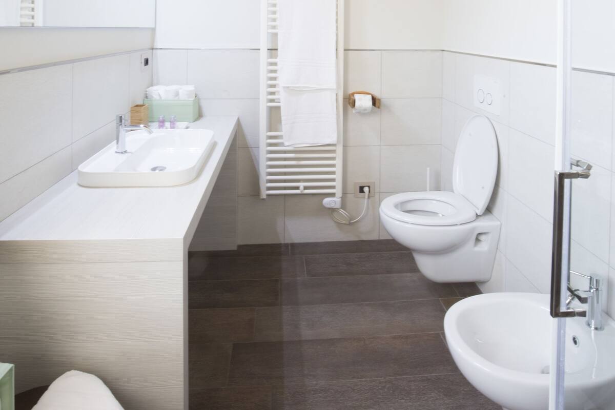 Habitación doble | Baño | Ducha, artículos de higiene personal gratuitos, secador de pelo y bidé