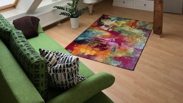 Un espacio tipo loft con un sofá verde, un tapete colorido y un televisor sobre un mueble blanco.