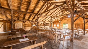 Un salón rústico de madera con numerosas mesas y bancos de madera dispuestos para comer o reuniones.