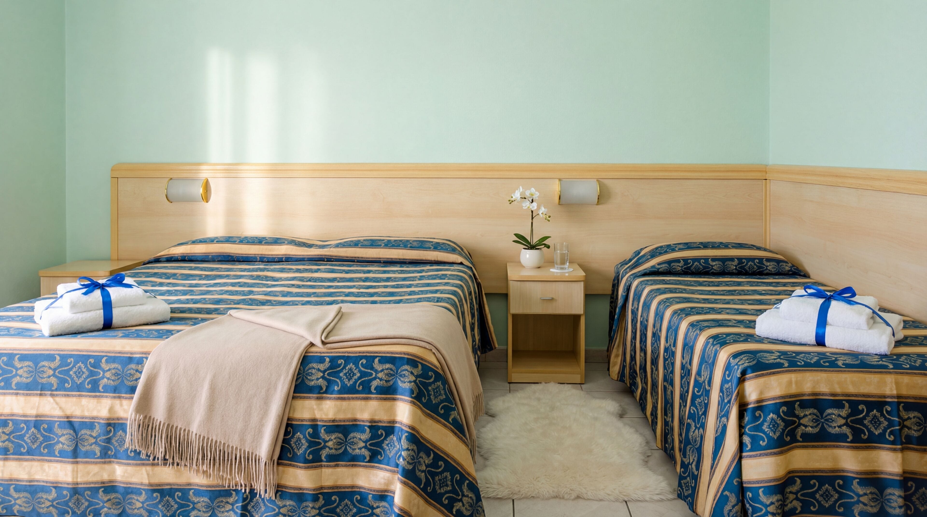 Habitación de hotel con dos camas, cada una con una colcha azul y beige estampada y una toalla azul. Hay una mesita de noche con un jarrón de flores y un vaso de agua.