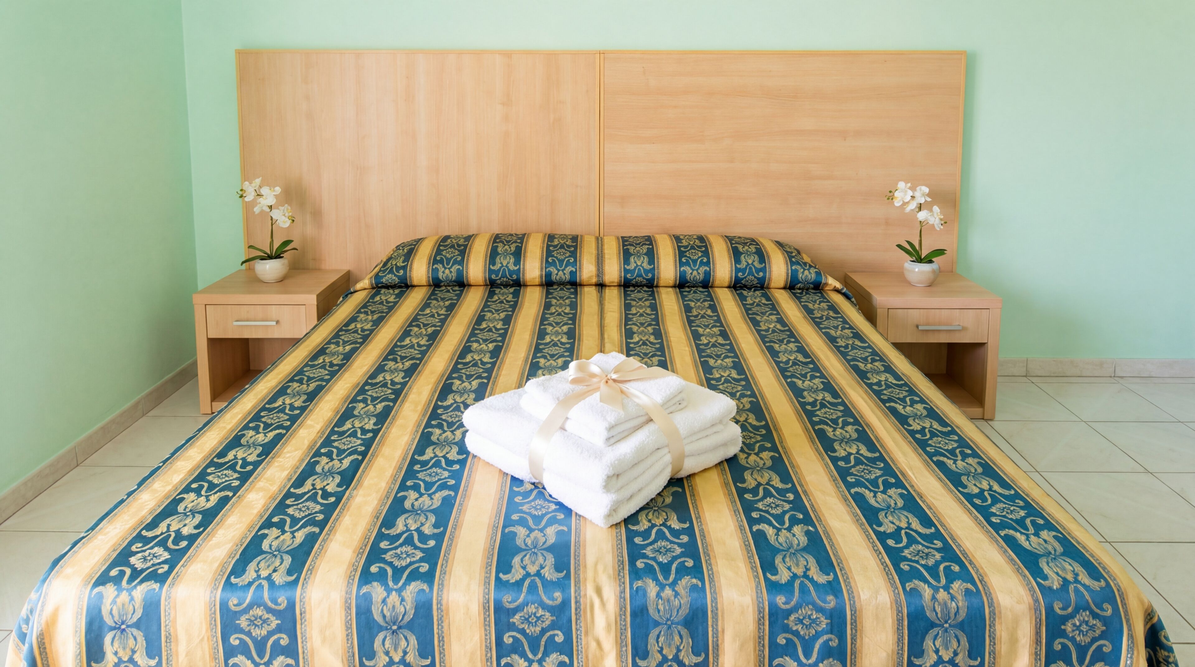 Una cama bien hecha con colcha azul y dorada a rayas, dos mesitas de noche con plantas en macetas y un cabecero de madera.