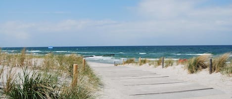 Un sendero de concreto que lleva a la playa, con arena y césped a ambos lados.