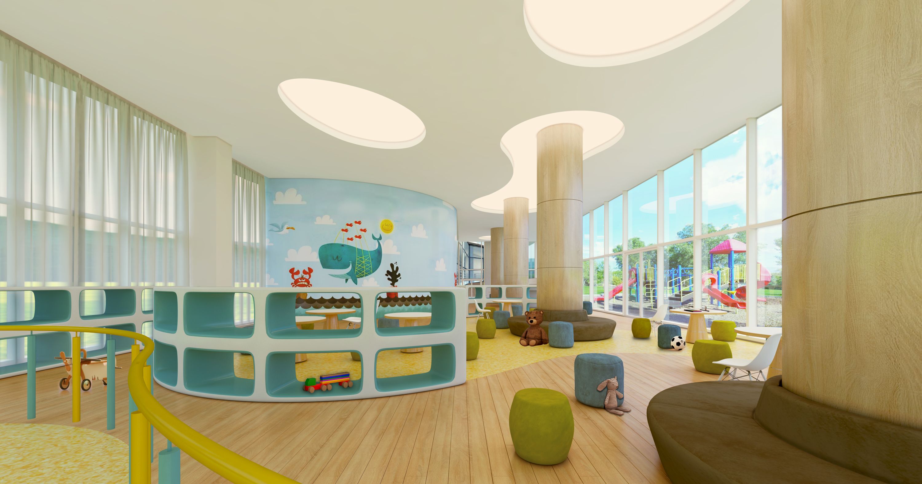 Un área de juegos infantil moderna con un mural de pared curvo, ventanas amplias y asientos de colores.