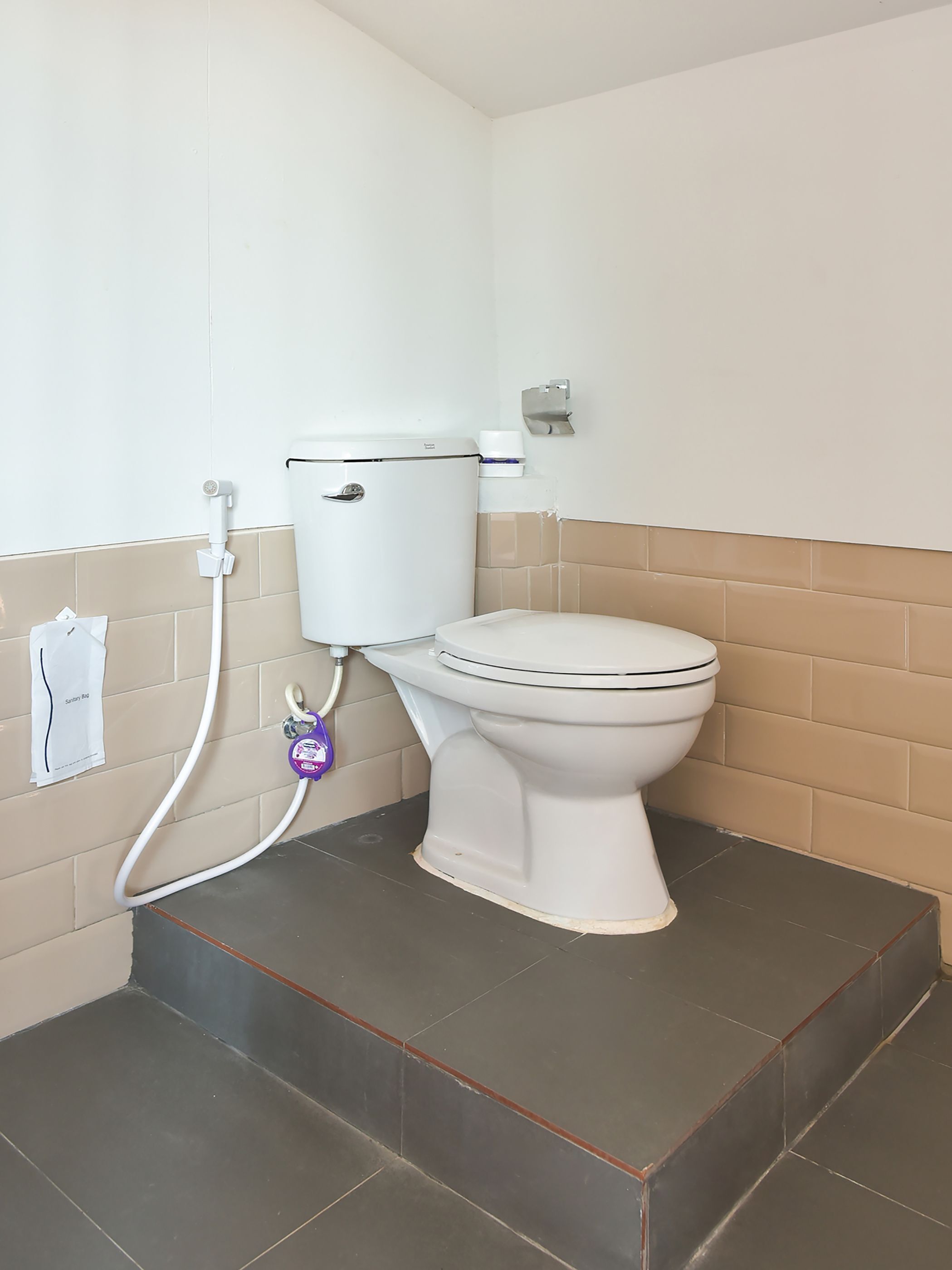 Des toilettes avec un réservoir, un distributeur de serviettes en papier fixé au mur et un porte-rouleau de papier toilette également fixé au mur.