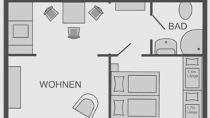 A hotel room layout with a living area, a bedroom, and a bathroom. - Sunshine (7) - Landhaus Mönkebude (Mönkebude)