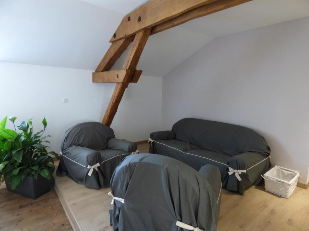 Una habitación con techo de madera, dos sofás grises, una planta en maceta y una cesta blanca.
