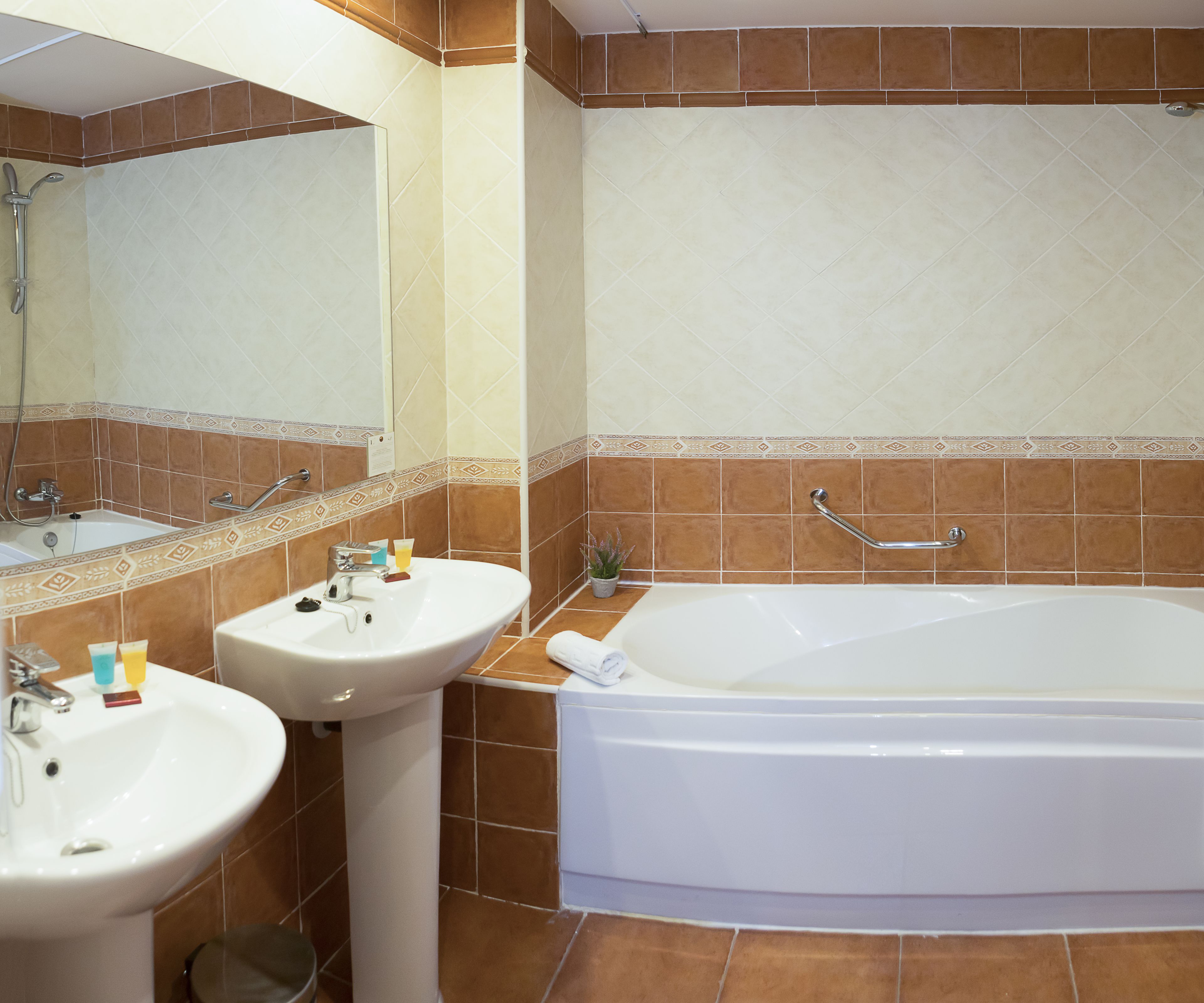 bathtub, free toiletries, towels