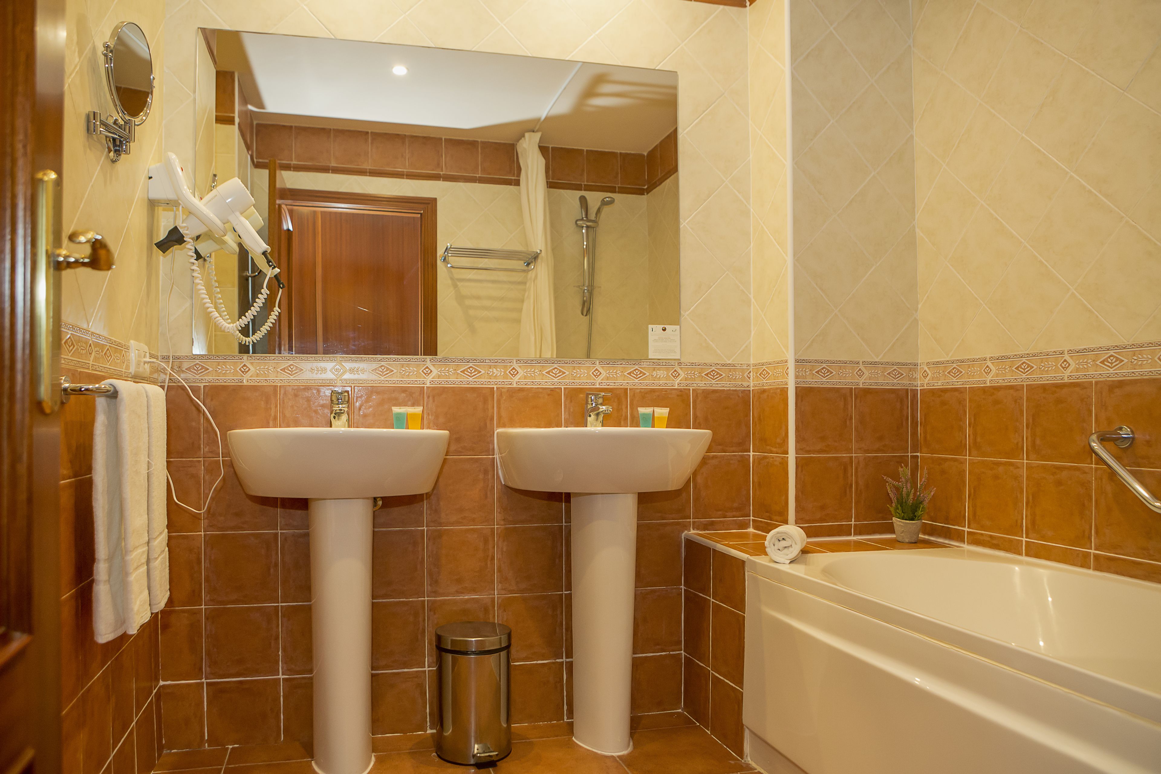 bathtub, free toiletries, towels