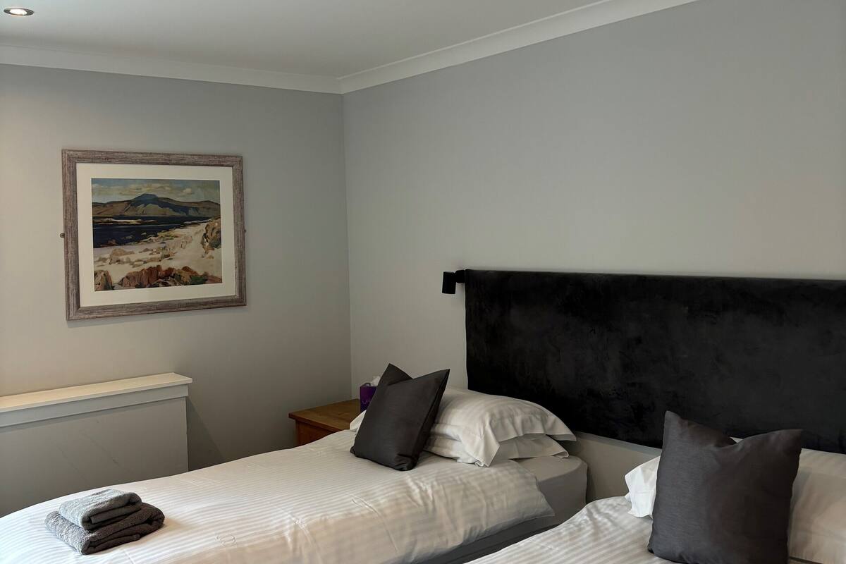 A hotel room with two beds, a headboard, a painting on the wall, and a ceiling light.