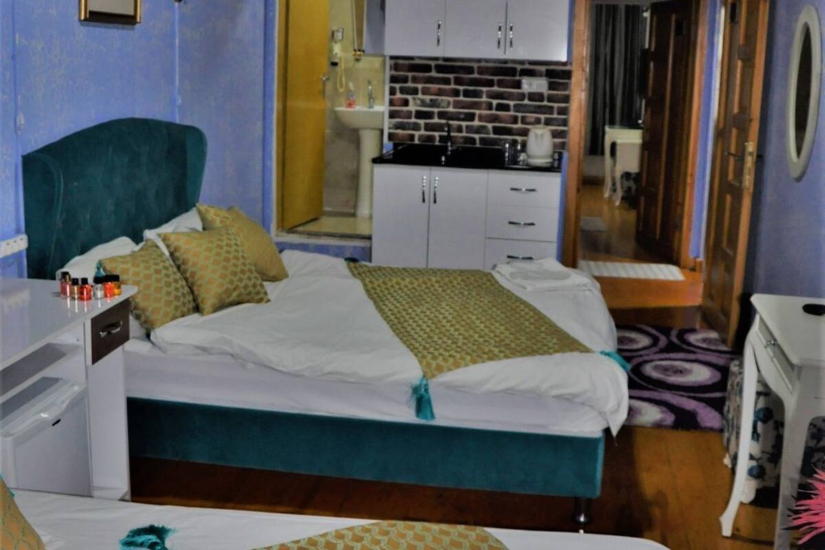 A bedroom with a bed, a nightstand, a dresser, a mirror, and a kitchenette.