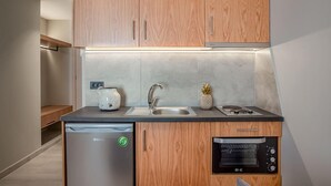 A compact kitchen with wooden cabinets, a built-in dishwasher, a sink, and a built-in oven. - Alektor Studios & Apartments (Zakynthos)