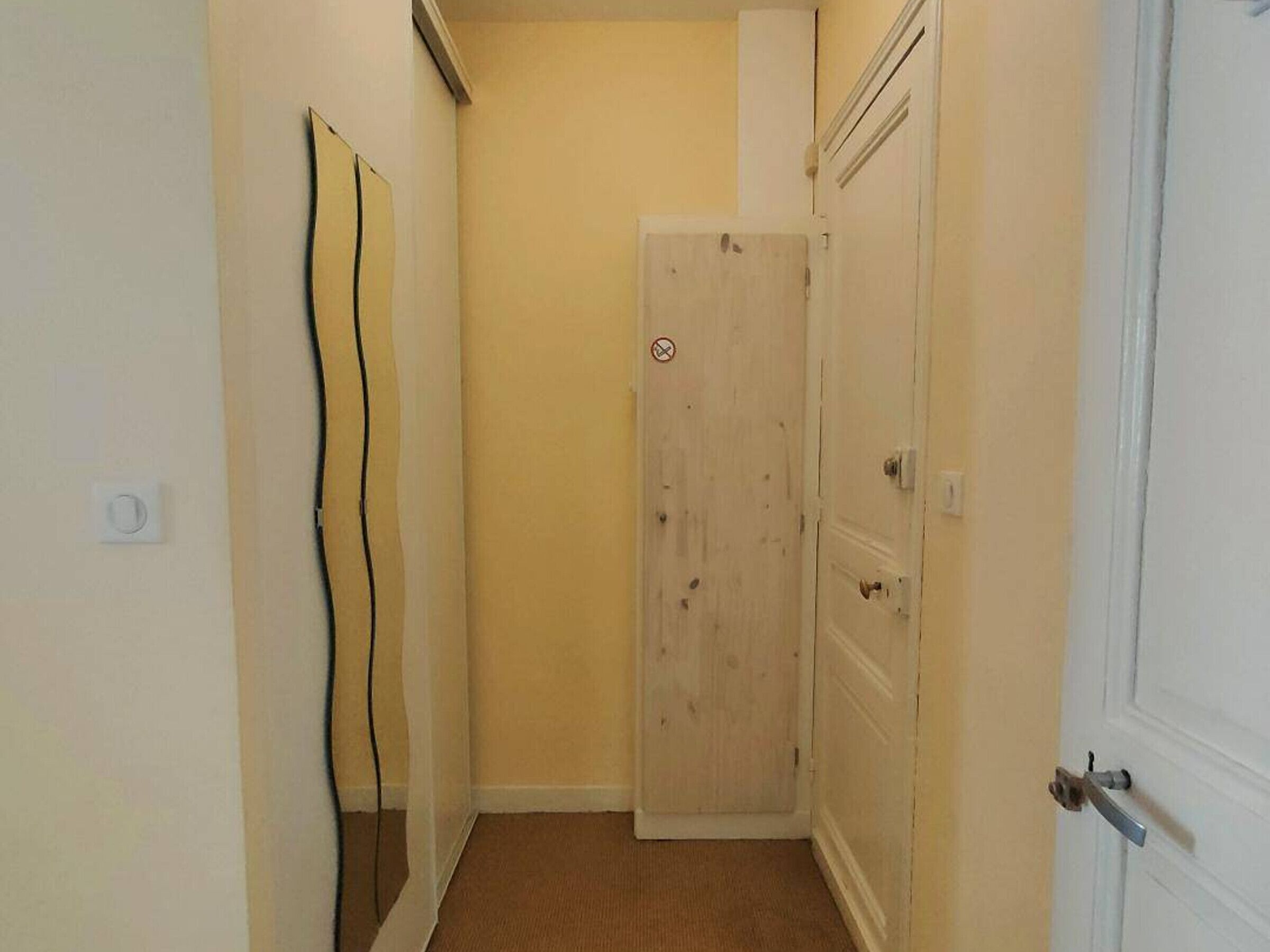 A narrow hallway with a wooden door, a light switch, and a door handle.