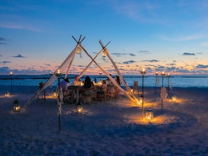 Private beach, white sand, sun loungers, beach umbrellas