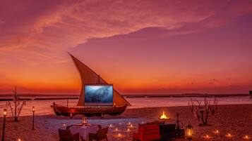 Private beach, white sand, sun loungers, beach umbrellas