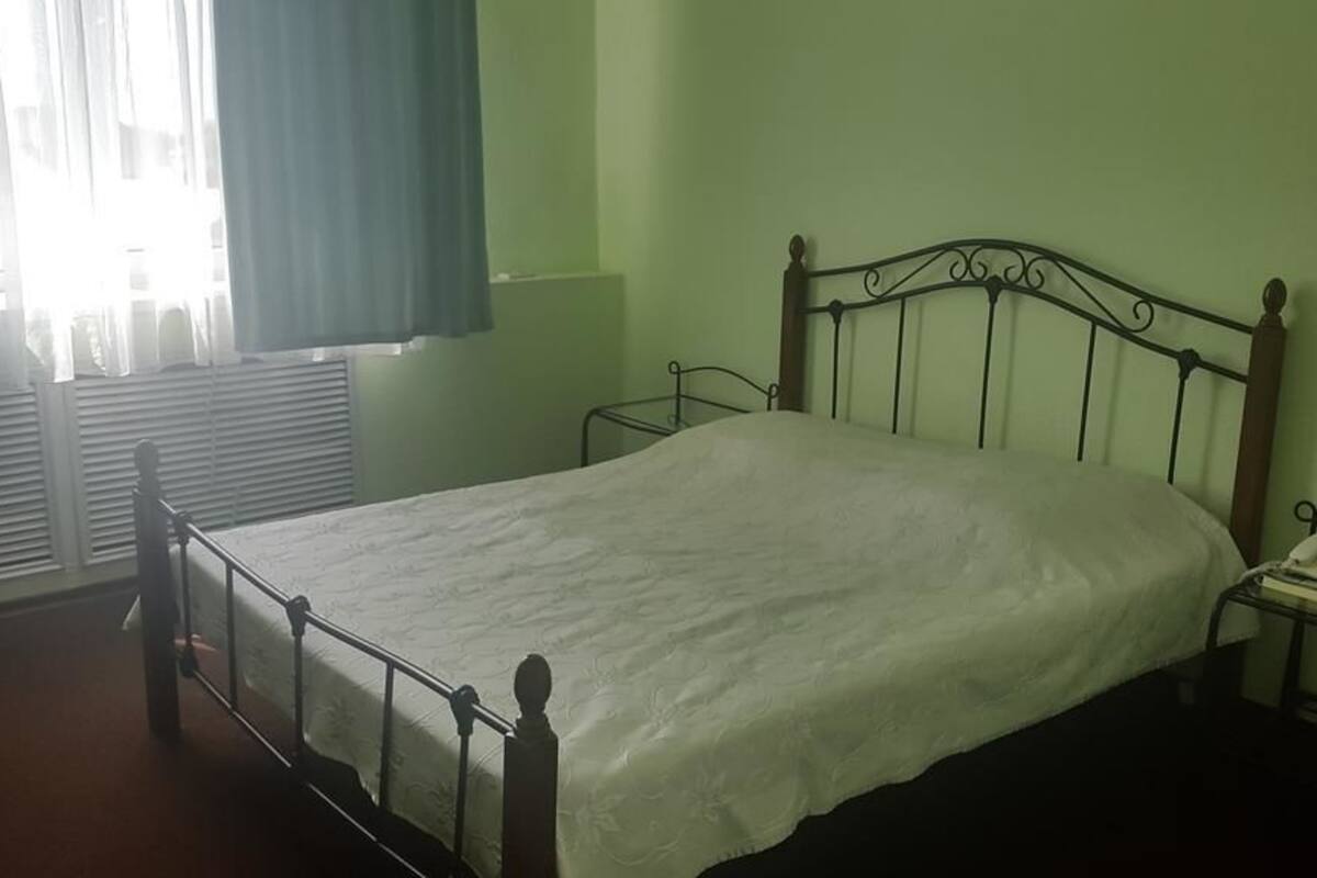 A single bed with a metal frame and a wooden headboard in a room with light green walls and a window with curtains.