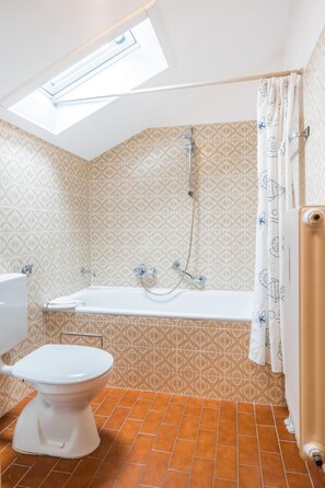 Een badkamer met dakraam, ligbad, toilet en douchegordijn.
