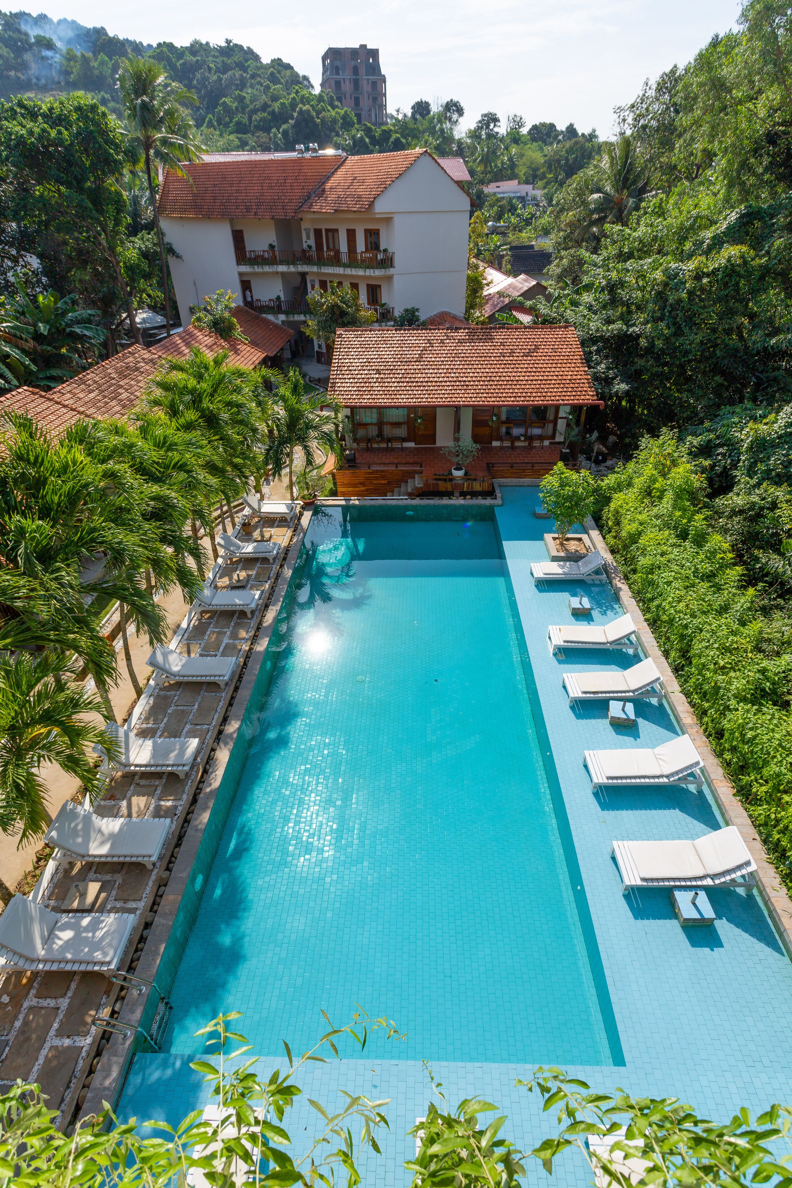 A rectangular swimming pool with lounge chairs and palm trees, surrounded by lush greenery and a building with a red-tiled roof.